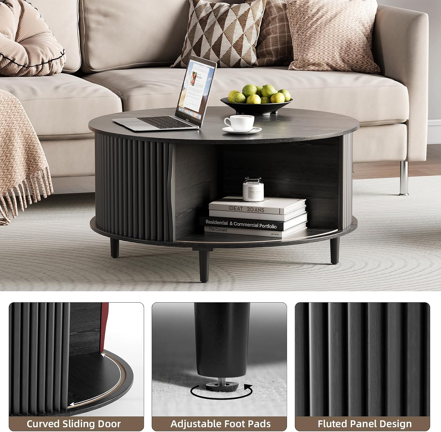 Round Coffee Table with Storage, 31.5' Modern Coffee Table with Sliding Door & Solid Wood Legs, Minimalist Fluted Center Table for Living Room, Home Small Space, Black
