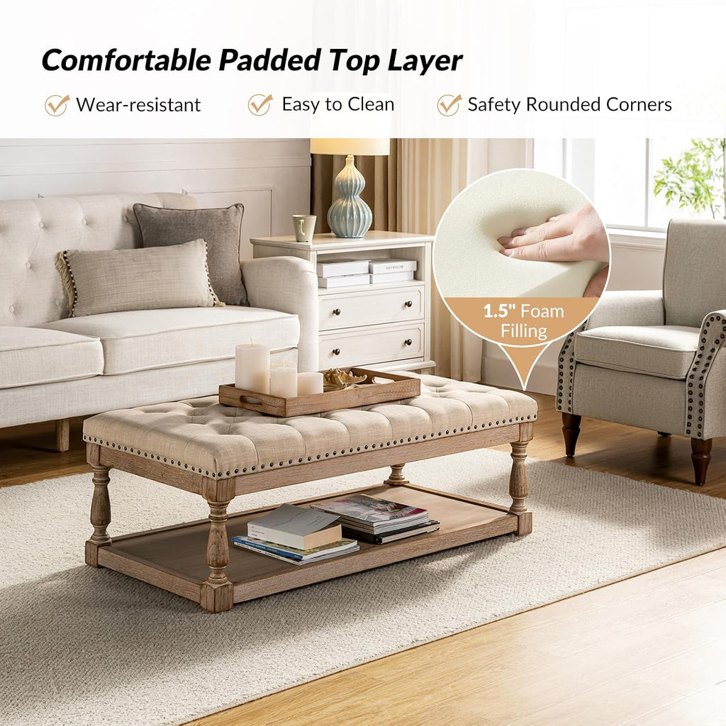 HULALA HOME Rectangle Ottoman Coffee Table with Tray, Tufted Living Room Ottoman with Solid Wood Storage Shelf, Linen