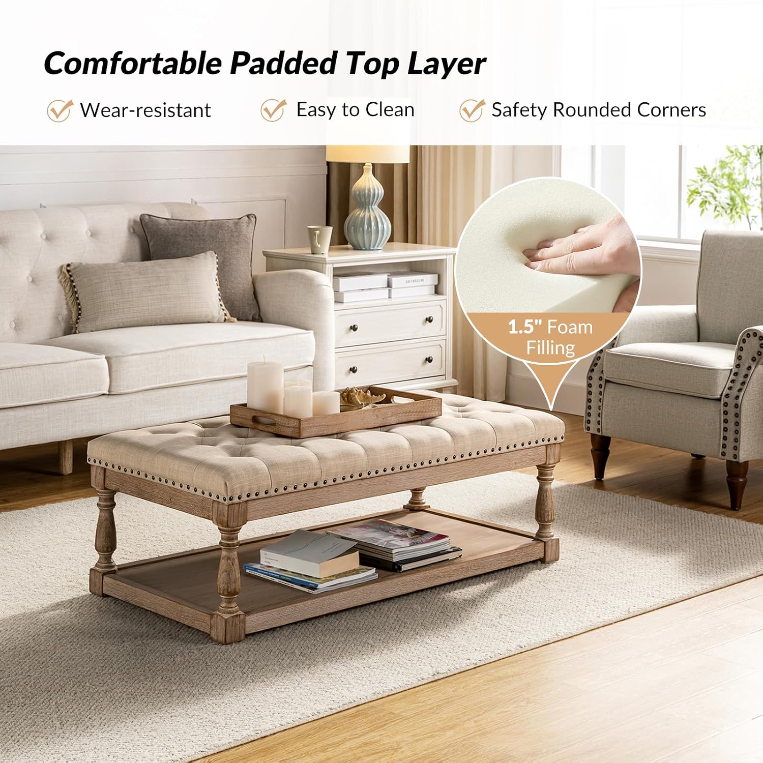 HULALA HOME Rectangle Ottoman Coffee Table with Tray, Tufted Living Room Ottoman with Solid Wood Storage Shelf, Linen