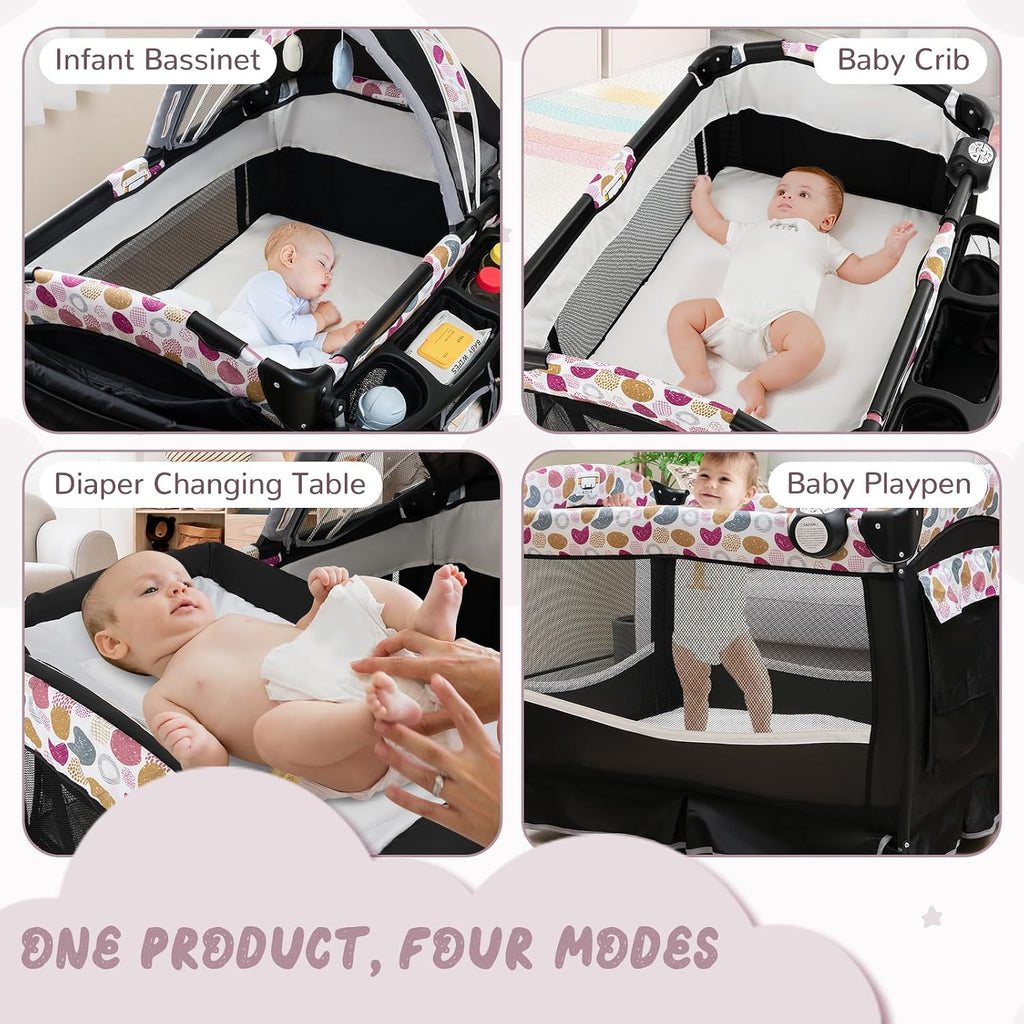 HONEY JOY Pack and Play, 4 in 1 Portable Baby Crib Playpen w/Bassinet, Changing Table, Canopy, Mattress, Music Box, Storage Bag, Foldable Pack n Play Nursery Center for Infant Boys Girls(Yellow)