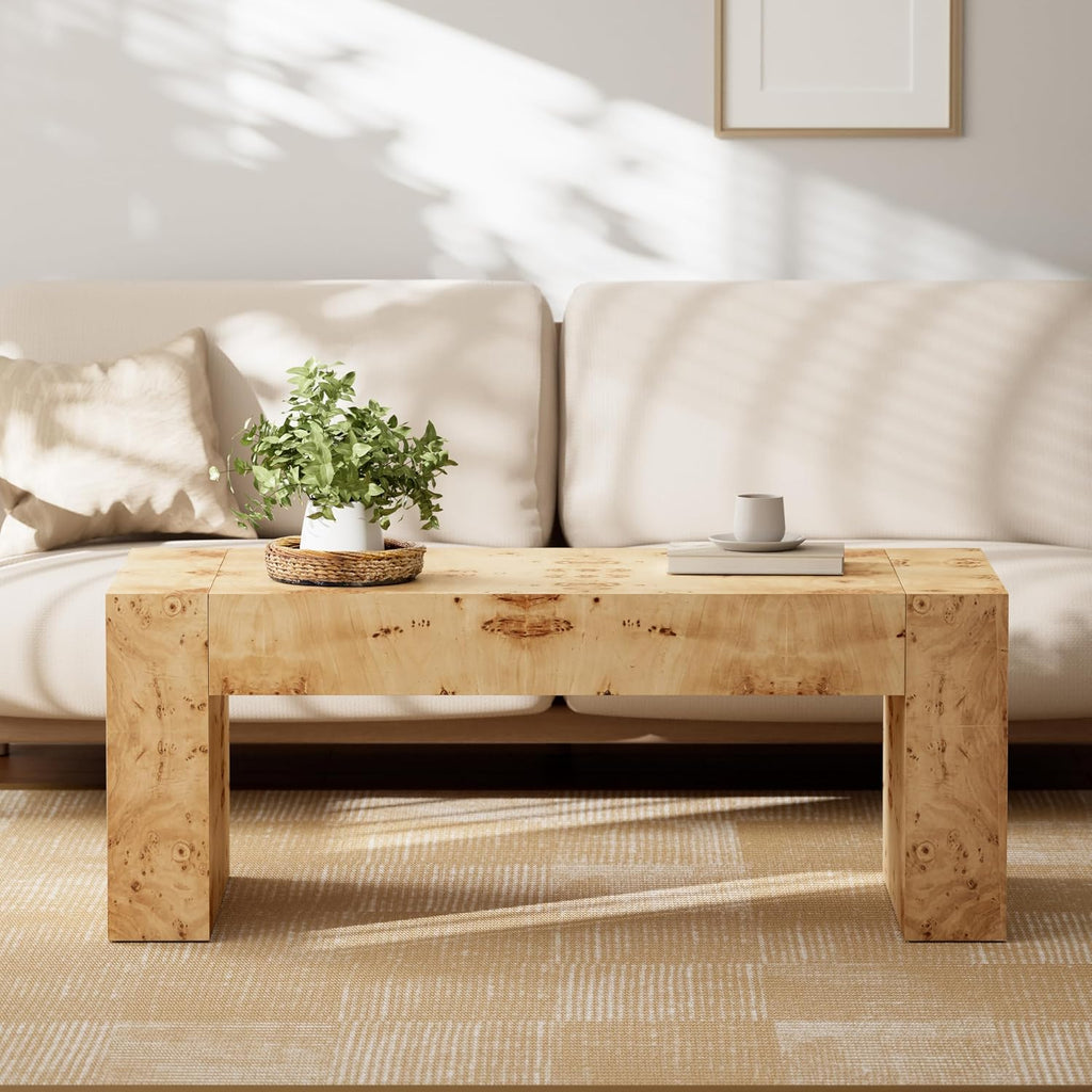 COZAYH Burl Finish Modern Wood Coffee Table with Thick Legs, Rectangular Living Room Center Table, Elegant and Sturdy Design, Farmhouse Style for Home Decor, Office, Natural