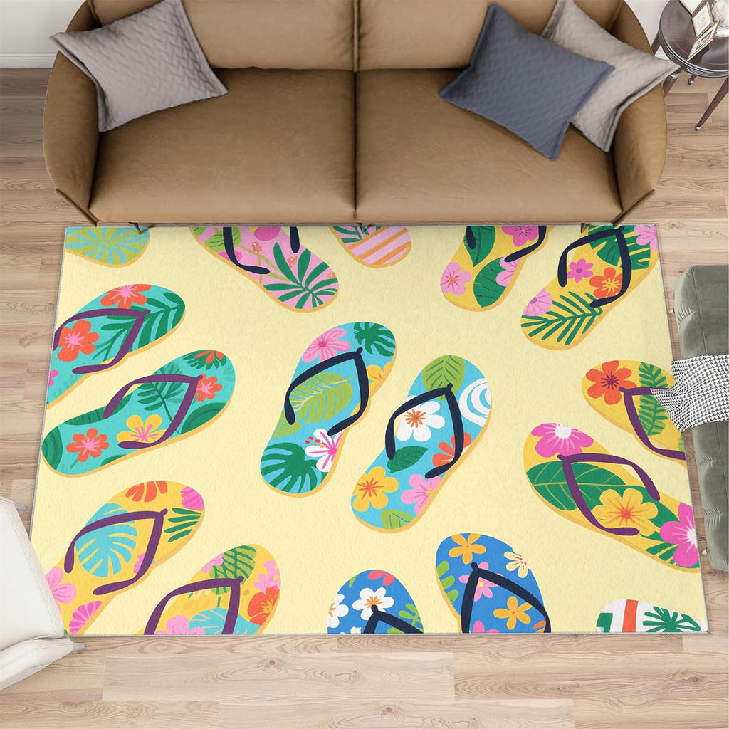 Flip Flop Rug 8x10 Large Rug Beach Theme Area Rug, Tropical Summer Washable Rugs for Bedroom, Hawaiian Beach Indoor Rugs - Home Decor, Boys Girls Gifts