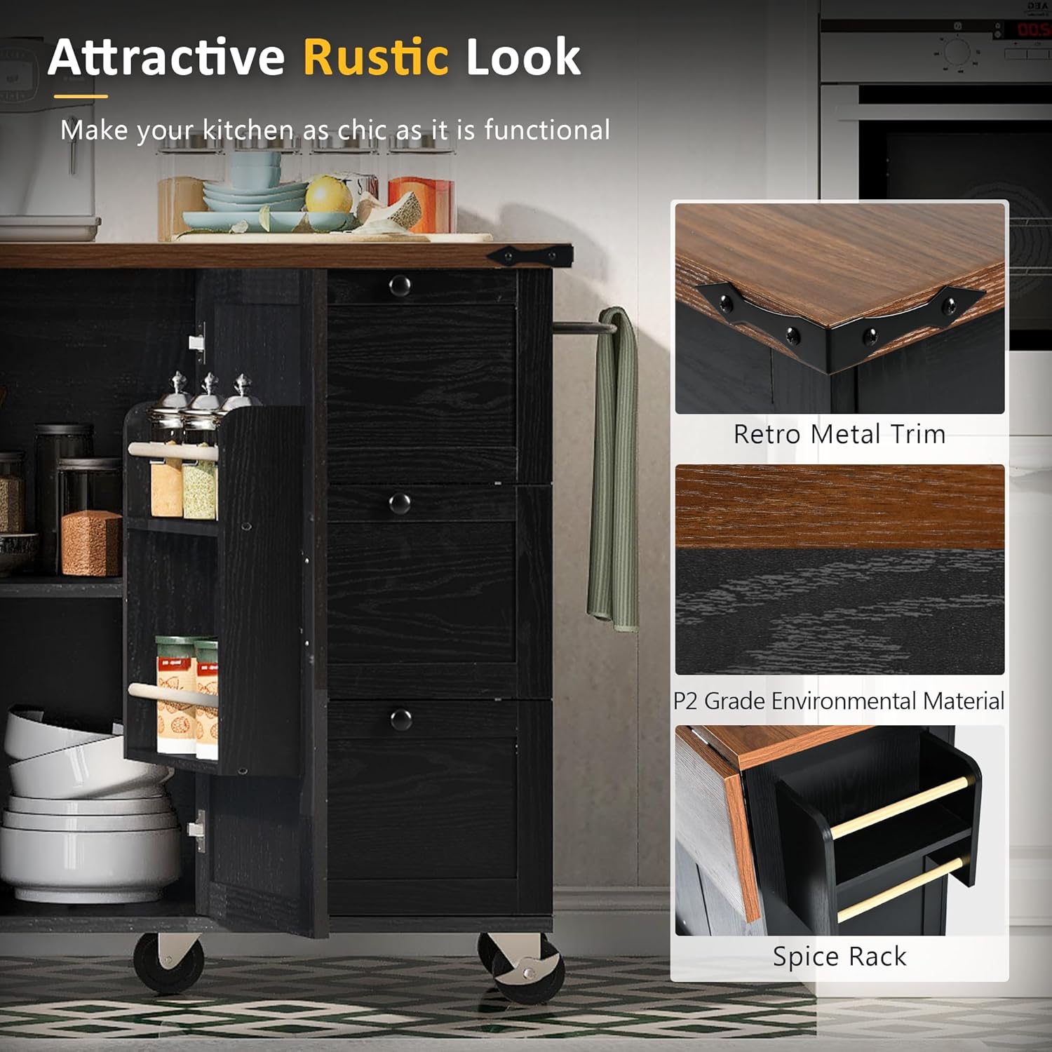 54.5' Farmhouse Mobile Kitchen Island with Power Outlet, Drop Leaf, Spice Rack and Drawer - Rolling Kitchen Cart with Ample Storage, Rustic Storage Islands for Home and Dining Room