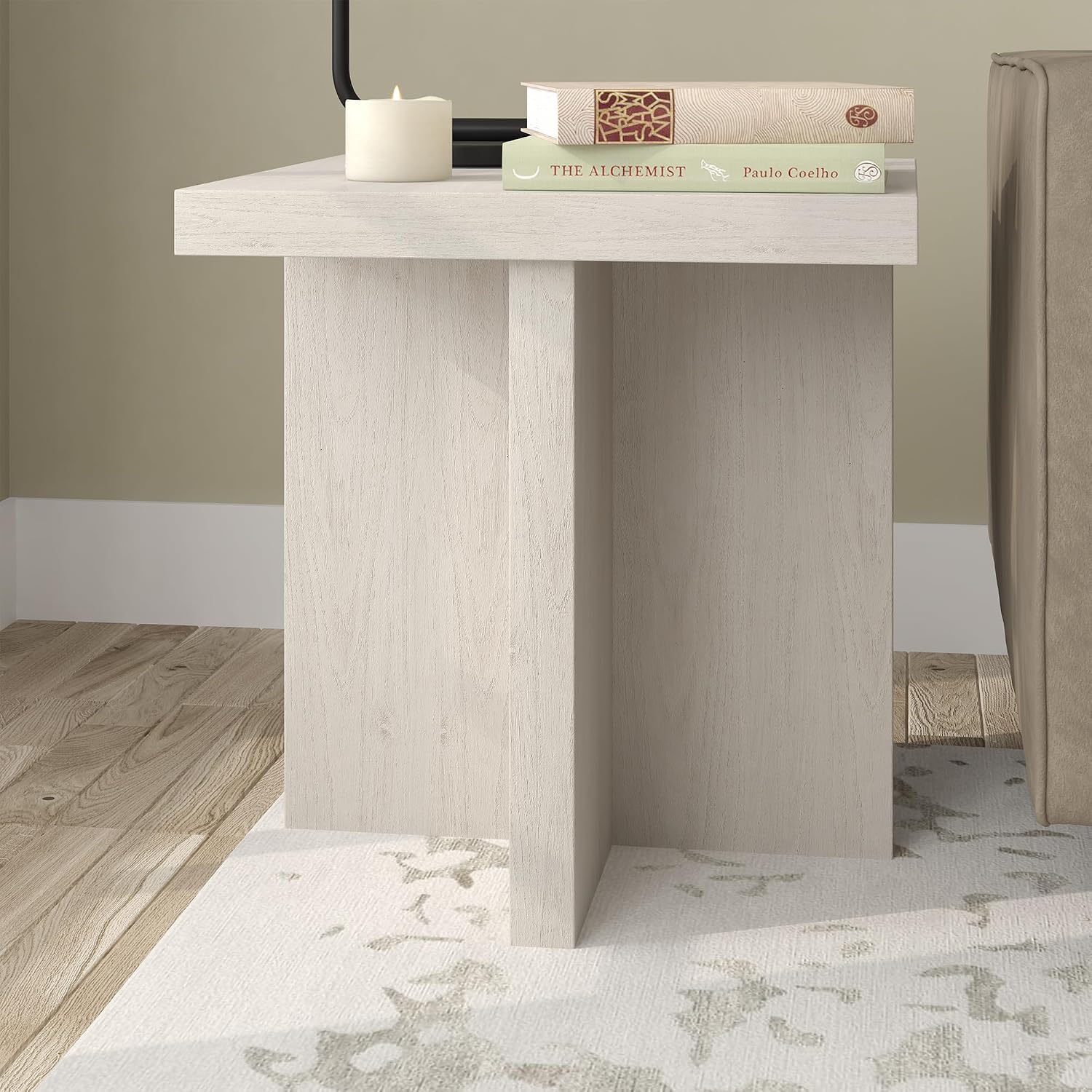 Henn&Hart 22' Scandinavian Square Wooden End Table, Side Table, Nightstand with X-Base for Living Room, Office, Family Room, or Bedroom, Beech White