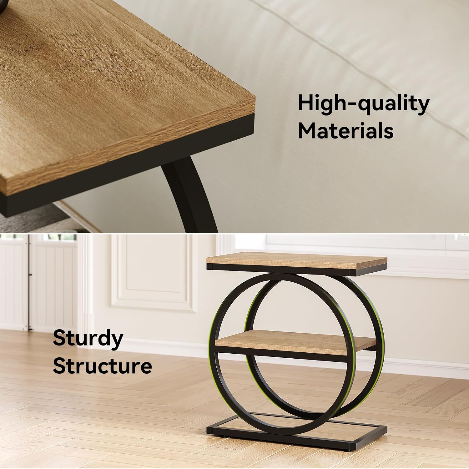 LITTLE TREE End Table Set 2, Side Table with 3-Tier Storage Shelves, Small Sofa Side Table for Living Room, Wooden Side End Table with Double Round Metal Legs, Slim Nightstand and Bedside Table, Oak