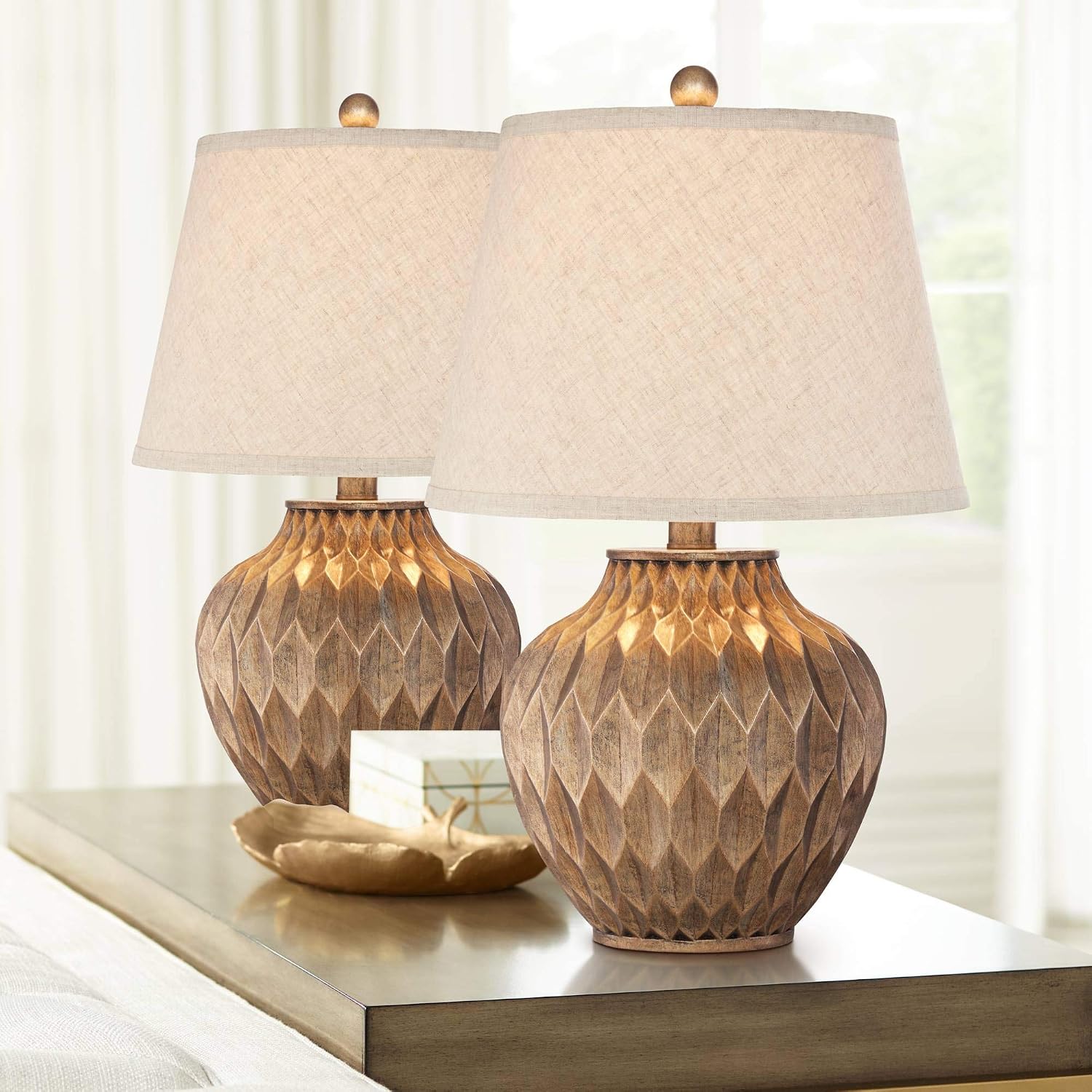 360 Lighting Buckhead Traditional Style Small Accent Table Lamps 22' High Set of 2 Warm Bronze Geometric Urn Tapered Drum Shade for Living Room Bedroom House Bedside Nightstand Home Office