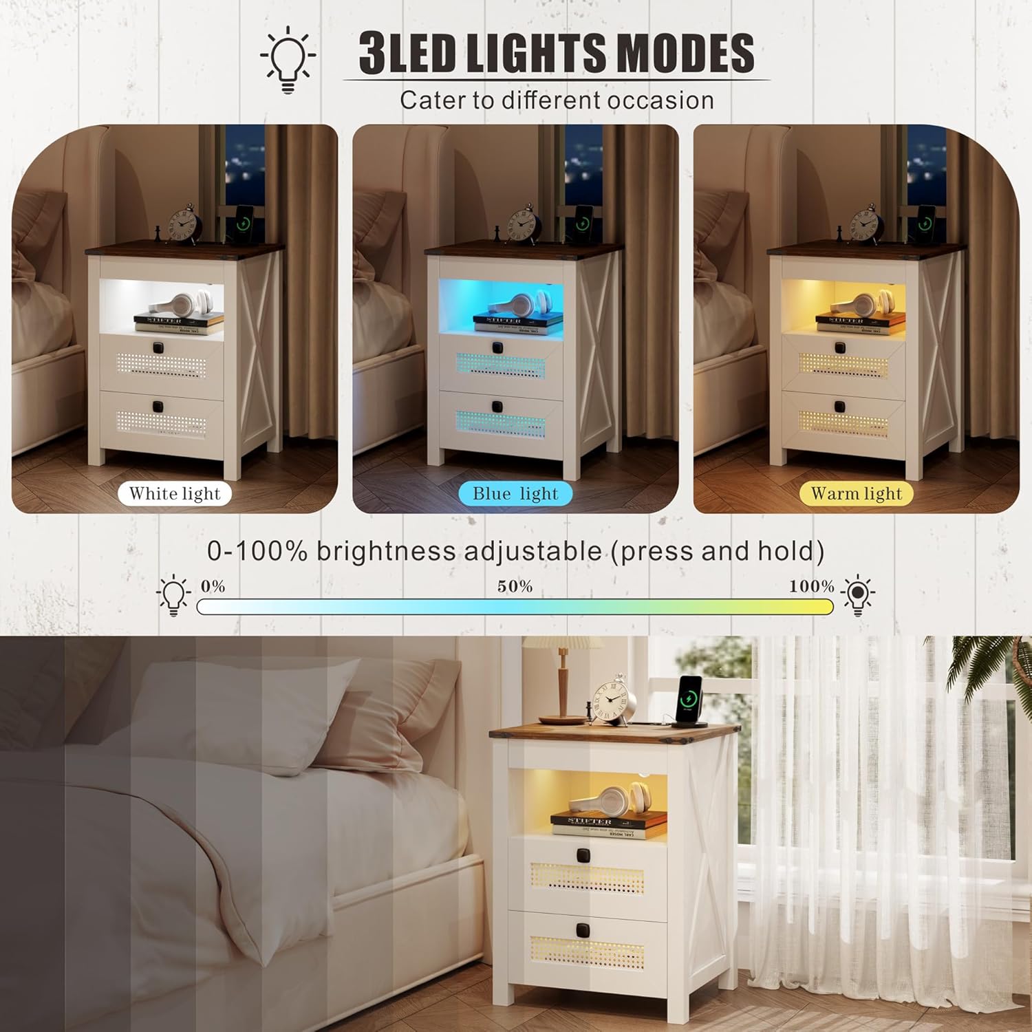 Nightstand with Gun Drawer, Rattan Bedside Table with Charging Station, LED End Table with Human Sensor Light, Gun Night Stand for Bedroom Living Room, Farmhouse Design, White