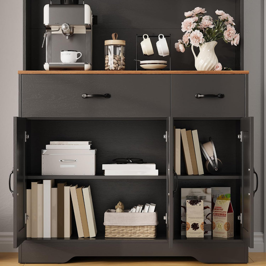 71' Pantry Cabinet with Charging Station, Kitchen Hutch Storage Cabinet with Countertop & Drawer, Farmhouse Food Pantry with Microwave Stand & Adjustable Shelves for Living Room, Dining Room, Black