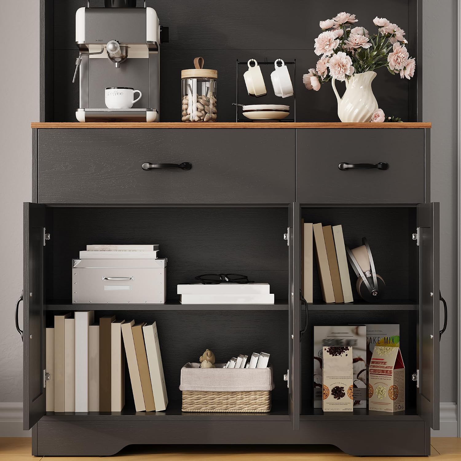 71' Pantry Cabinet with Charging Station, Kitchen Hutch Storage Cabinet with Countertop & Drawer, Farmhouse Food Pantry with Microwave Stand & Adjustable Shelves for Living Room, Dining Room, Black