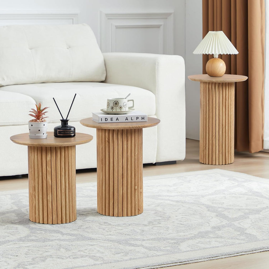 Bifins Round Nesting Coffee Table Set of 3,Mid Century Modern Fluted Coffee and End Table Set,Small Circle Wooden Side Table Drink Table for Living Room (Natural)