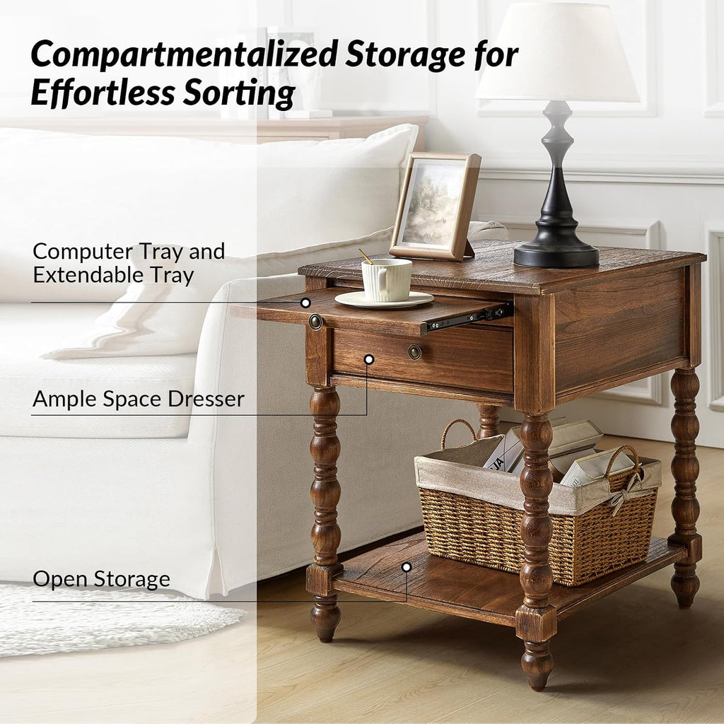 HULALA HOME Spindle Nightstands with Charging Station, Solid Wood Nightstand with Drawer Shelf, Side Table with Pull-Out Shelf (2, Walnut)