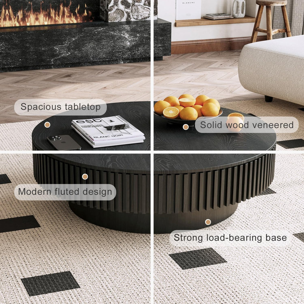 39'' Round Coffee Table with Storage, Modern Wooden Coffee Table with Solid Wood Veneered, Circle Center Table Accent Tea Table for Living Room Apartment Black