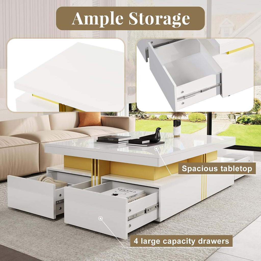 Merax 43.3' Modern Glossy Square Storage Coffee Table with 4 Drawers, Gold Accents, Functional Center Tables for Living Room Apartment, Glossy White