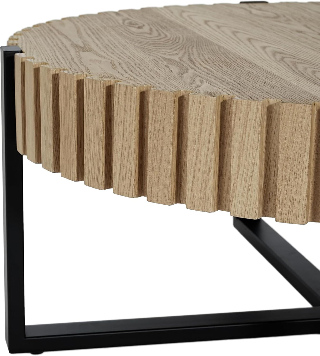Christopher Knight Home Sol 31.5'' Modern Round Coffee Table, Indoor Living Room Side Table, Wooden End Table with Cross Metal Base, Unique Gear Motifs and Fluted Edges, Black + Natural