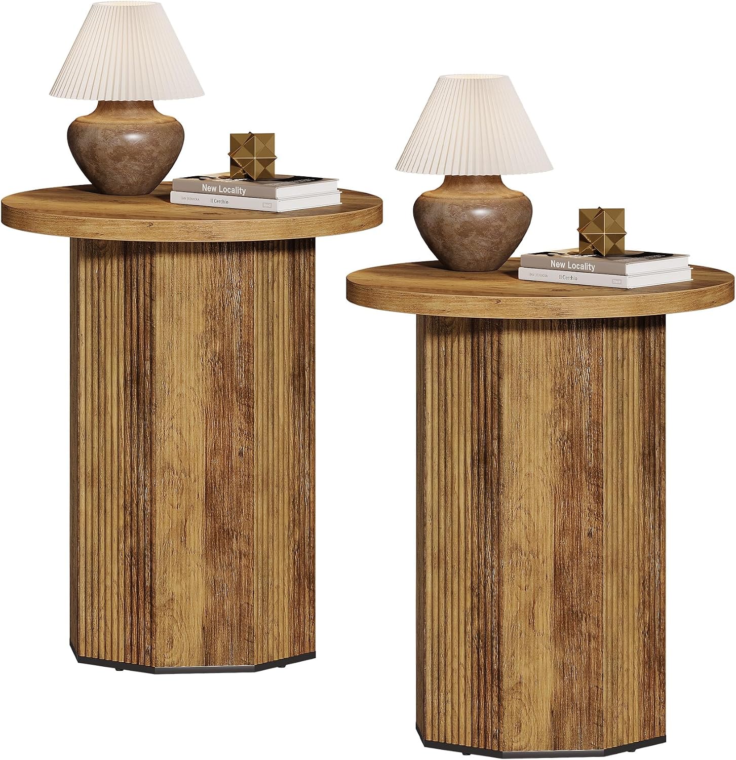 Tribesigns 2pcs Round End Table, Farmhouse Pedestal Side Table, Fluted Wooden Nightstand Drink Stand for Living Room, Bedroom (2)