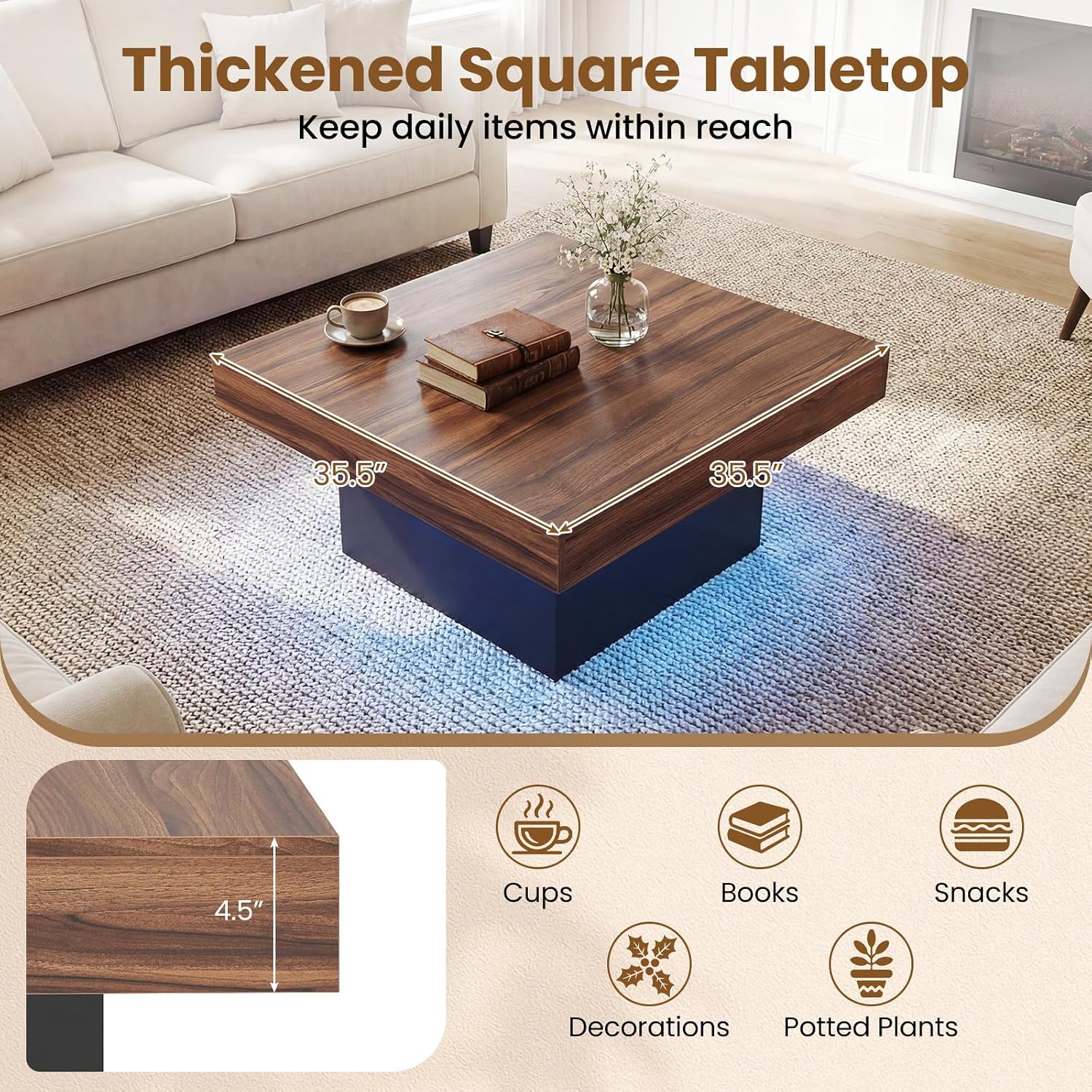 GOFLAME LED Coffee Table for Living Room, 35.5' Square Center Table with Storage, Adjustable Light Colors, Speed & Brightness, Remote Control, Farmhouse, Wooden Accent Tea Tables (Rustic Brown)