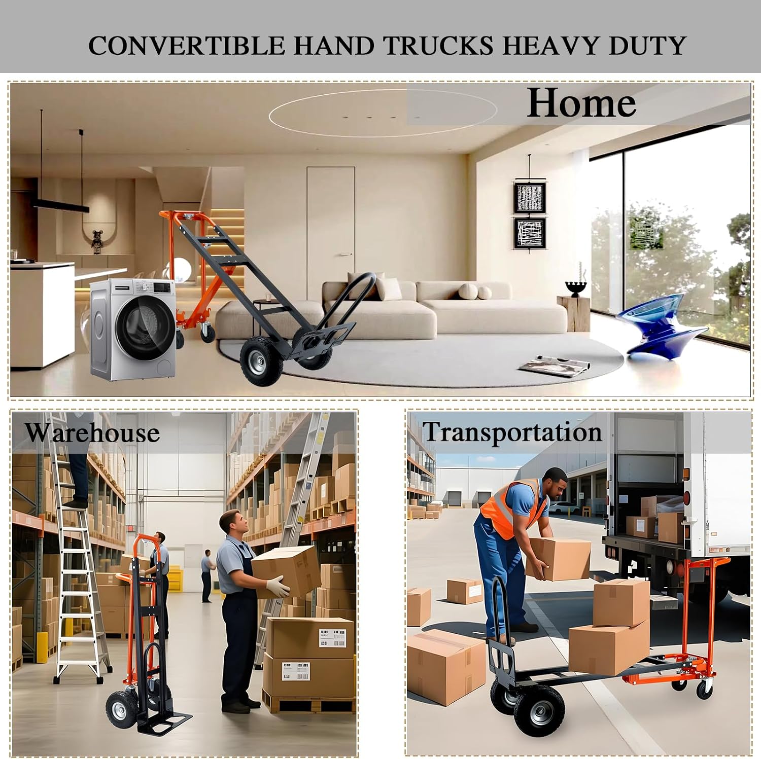 4 in 1 Convertible Hand Truck Dolly Cart,Industrial Hand Truck,1000 Lbs Capacity Hand Trucks Heavy Duty Dolly cart with PU Wheels and Cargo Straps for Moving (Orange)