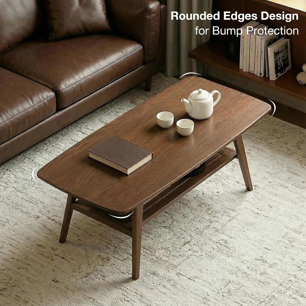 Mid Century Modern Coffee Table: 100% Solid Wood Coffee Table - 2-Tier Storage Design - Practical Coffee Tables for Living Room, Apartment, Easy Assembly (Walnut, 39.37')