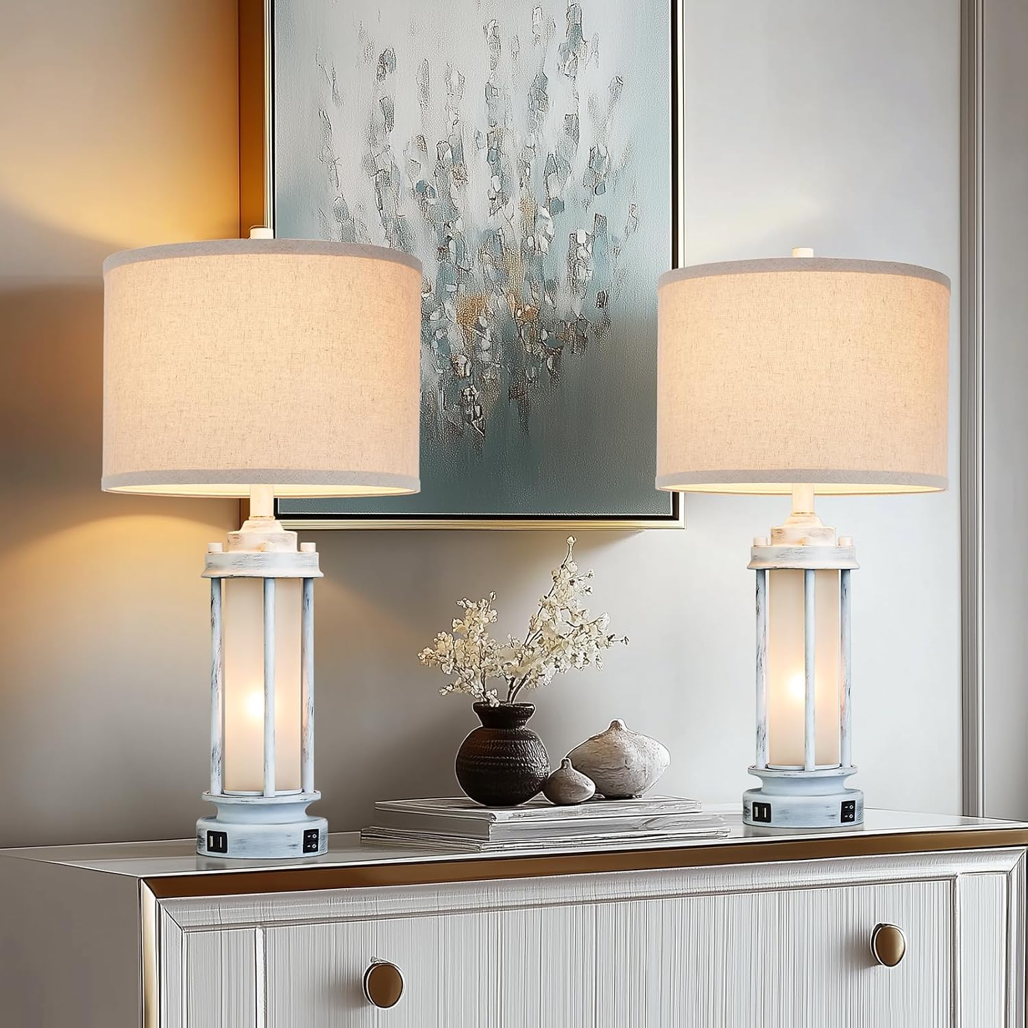 AIEAMPDO 25' Rustic Table Lamps Set of 2, Vintage Nightstand Lamps with 2 USB Ports, Farmhouse Antique White Desk Lamp with Glass Night Light for Living Room Bedroom Dorms, 4 Bulbs Included