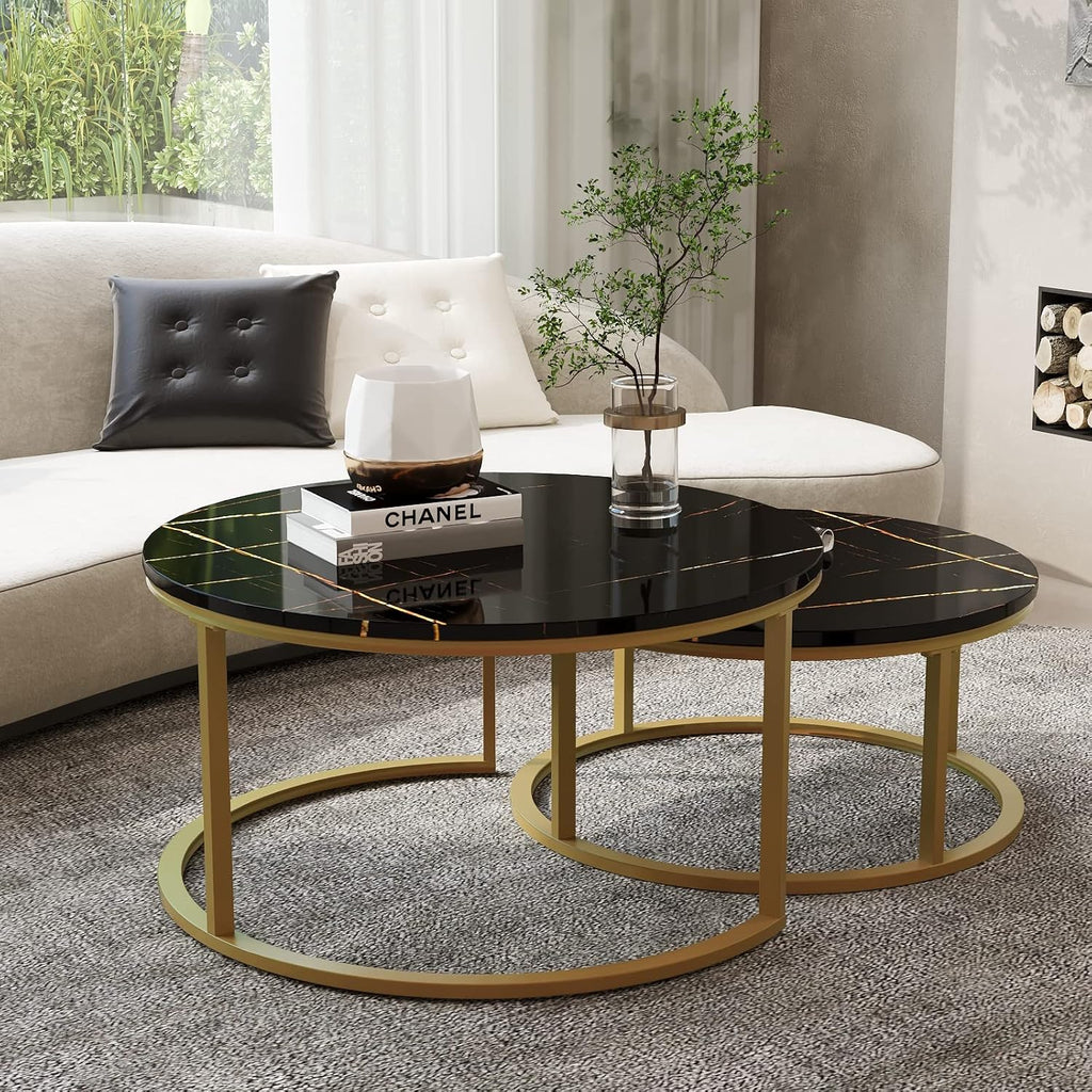 WiberWi Round Coffee Table Nesting Tables Set of 2, Large : Ø 34.0', Small : Ø 26.0', Modern Design Coffee Tables for Living Room, Gold Metal Frame Circle Cocktail Table, High Glossy Faux Black Marble