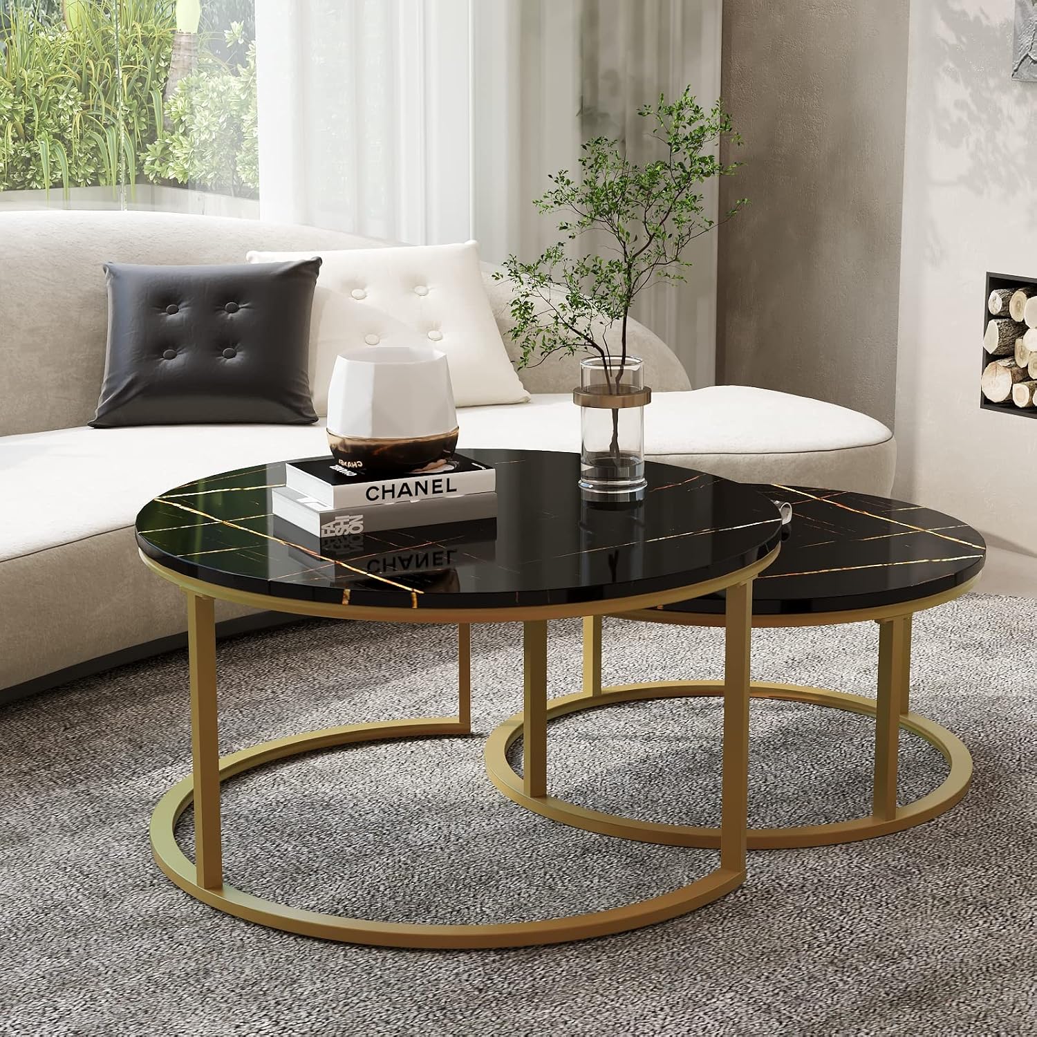 WiberWi Round Coffee Table Nesting Tables Set of 2, Large : Ø 34.0', Small : Ø 26.0', Modern Design Coffee Tables for Living Room, Gold Metal Frame Circle Cocktail Table, High Glossy Faux Black Marble