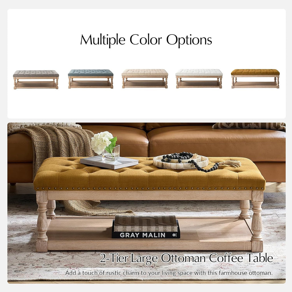 HULALA HOME Rectangle Ottoman Coffee Table with Tray, Tufted Living Room Ottoman with Solid Wood Storage Shelf, Golden