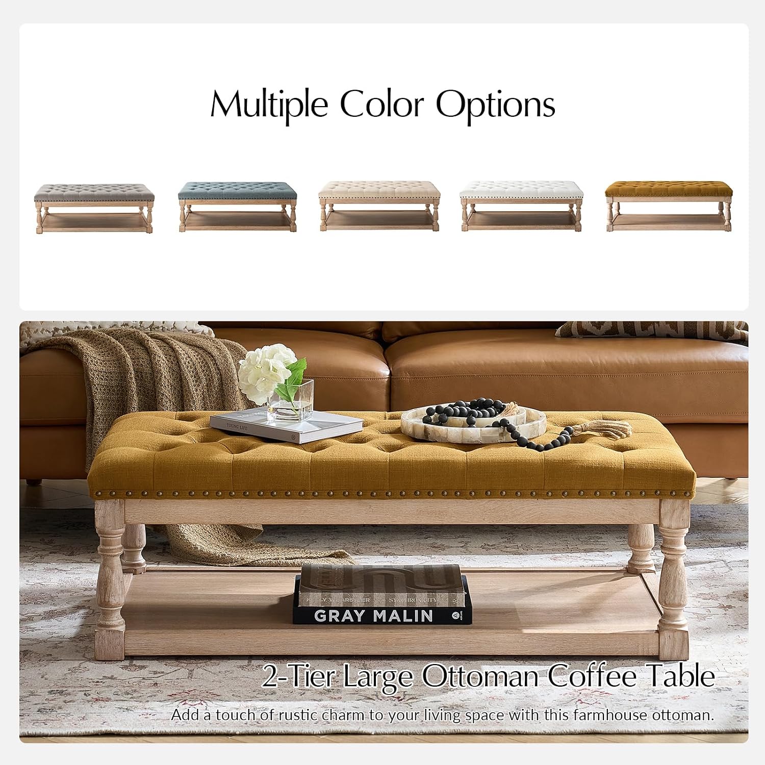 HULALA HOME Rectangle Ottoman Coffee Table with Tray, Tufted Living Room Ottoman with Solid Wood Storage Shelf, Golden