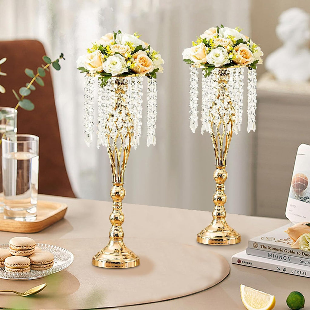 10 Pcs 21.7 Inch Gold Crystal Flower Stand Wedding Centerpieces for Table, Tall Metal Flower Arrangement Stand with Metal Chandelier Tabletop for Event, Birthday, Home Decor