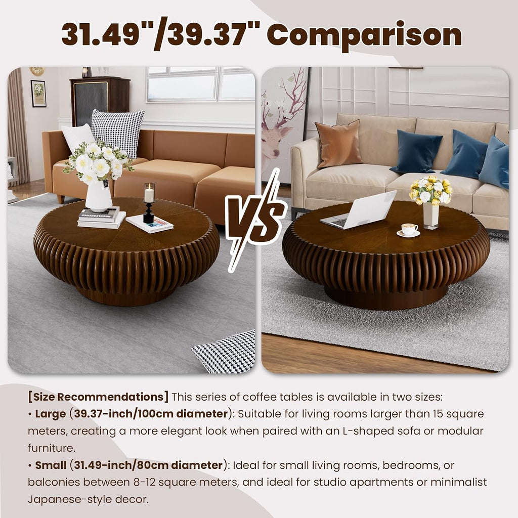 Round Drum Coffee Table for Living Room, Mid Century Modern Coffee Table with Sturdy Pedestal, Farmhouse Fluted Circle Center Table Accent Tea Table for Apartment (Large Walnut)