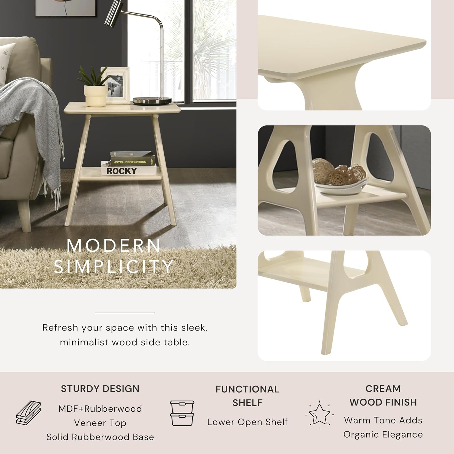 Roundhill Furniture Arona 3-Piece Coffee Table Set, Coffee Table and Two End Tables, Off-White Finish