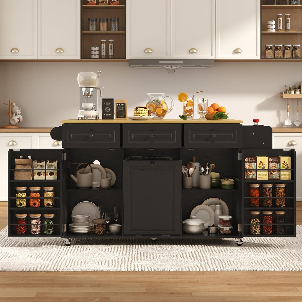 St.Mandyu 63 inch Rolling Kitchen Island with Power Outlet, Drop Leaf & Storage Cabinet - Mobile Cart with Hidden Trash Cabinet, Spice Rack, Shelves, and Towel Holder for Small Spaces,Black