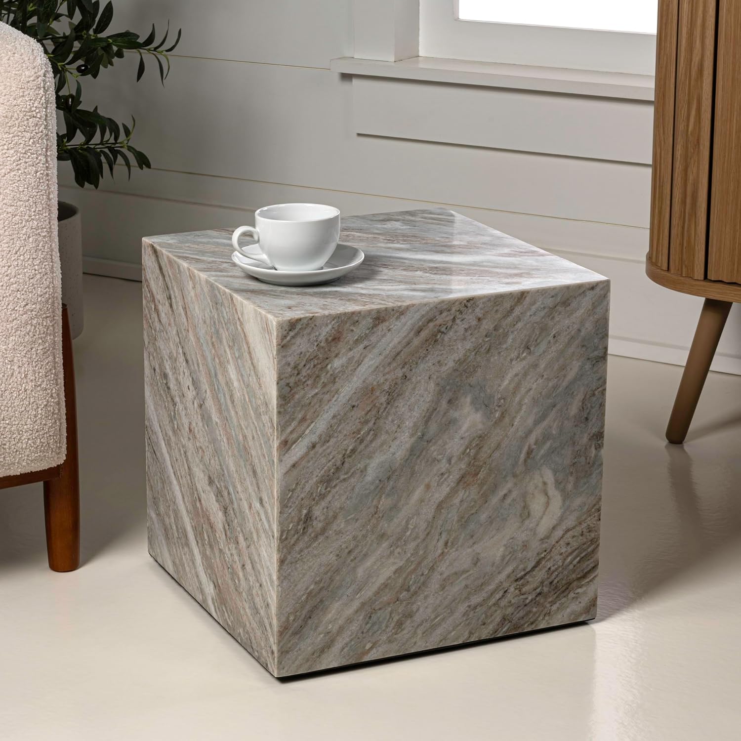 JONATHAN Y MTB1101A Felix 15' Contemporary Natural Marble Handmade Cube End Table for Living Room, Bedroom, Bathroom, Gray/Beige