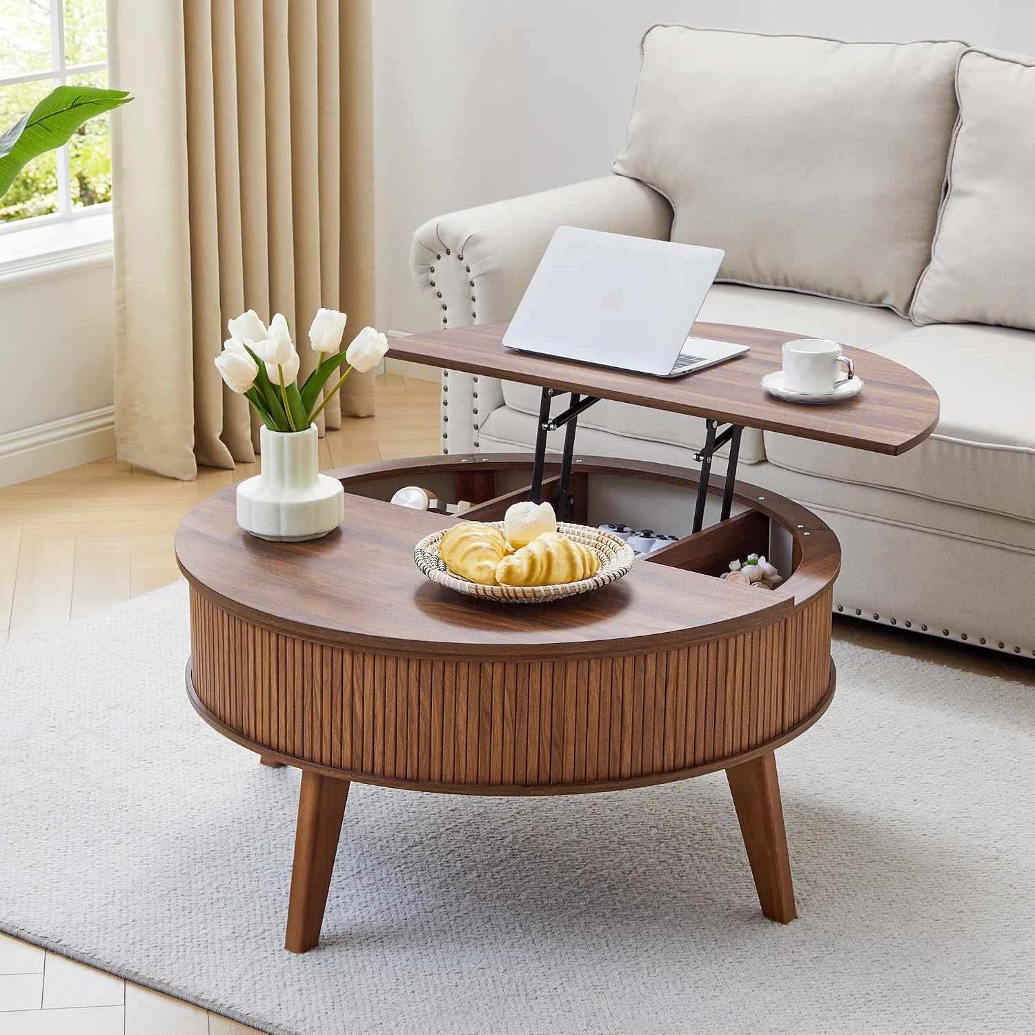 Round Lift Top Coffee Table with Storage, 35.4'' Fluted Wood Center Table Mid Century Modern Coffee Table with Lifting Top for Living Room, Office, Small Space (Walnut)