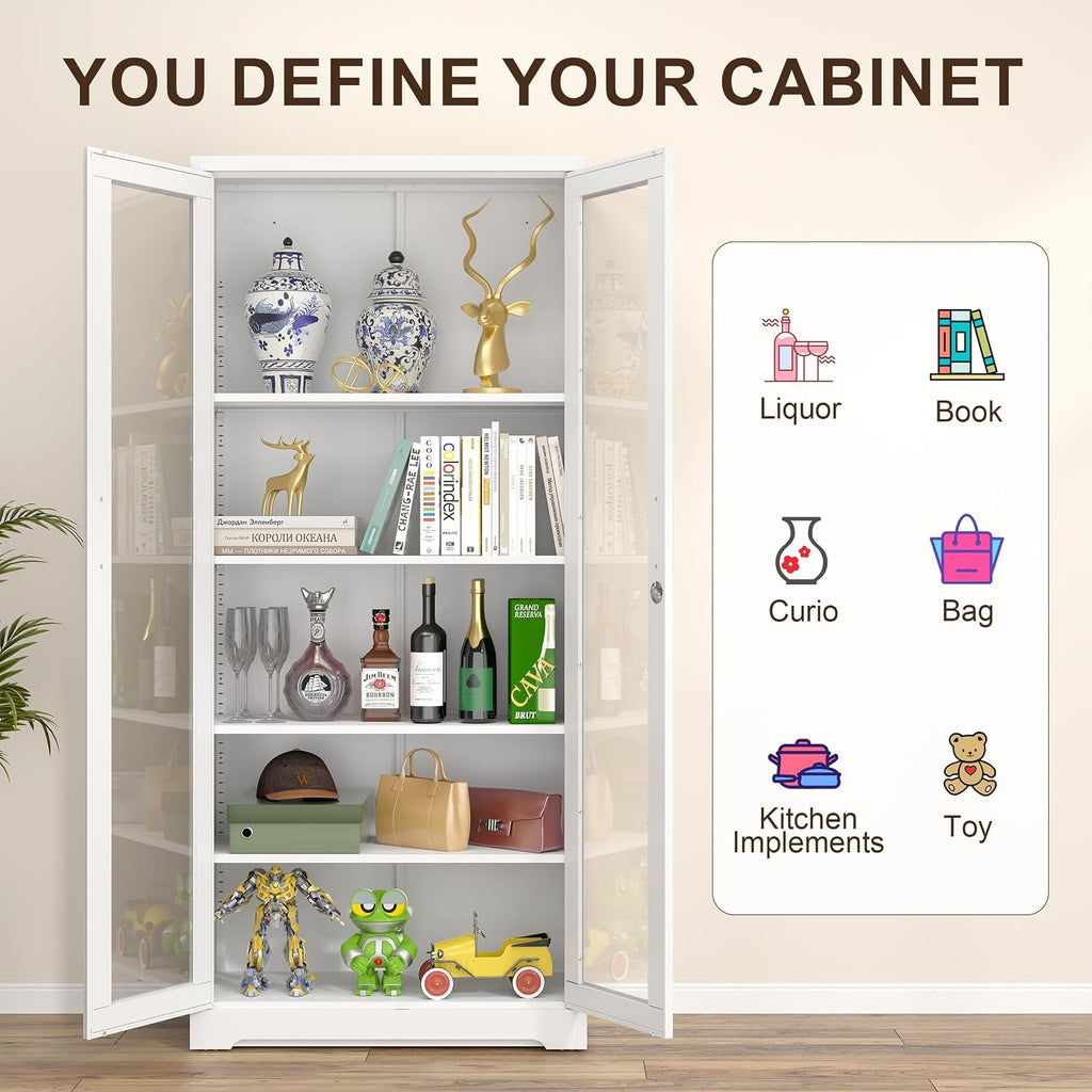 Curio Display Cabinet with Glass Doors,71'H Metal Display Case with 4 Adjustable Shelves, White China Storage Cabinet for Collectibles, Trophies & Liquor - Locking Tall Glass Cabinet for Home