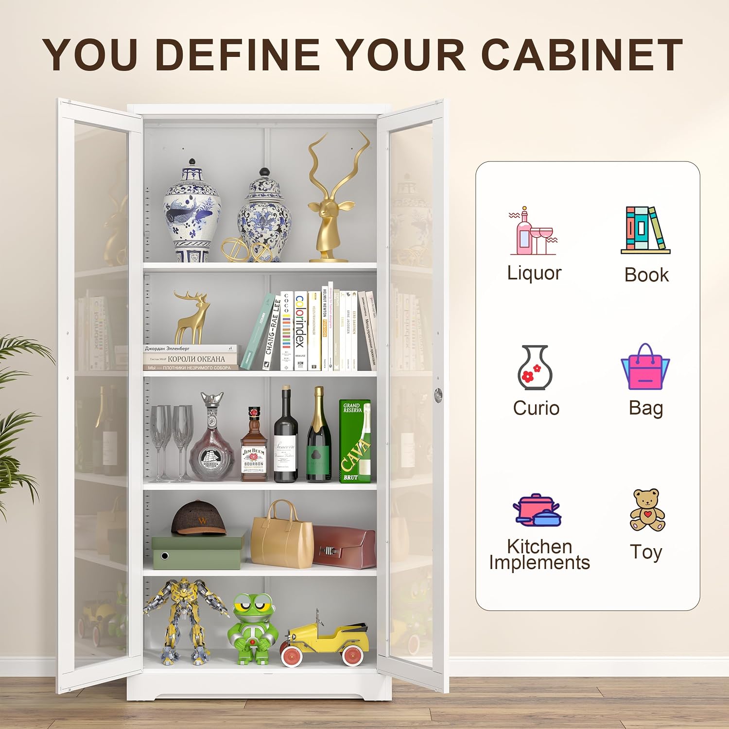 Curio Display Cabinet with Glass Doors,71'H Metal Display Case with 4 Adjustable Shelves, White China Storage Cabinet for Collectibles, Trophies & Liquor - Locking Tall Glass Cabinet for Home