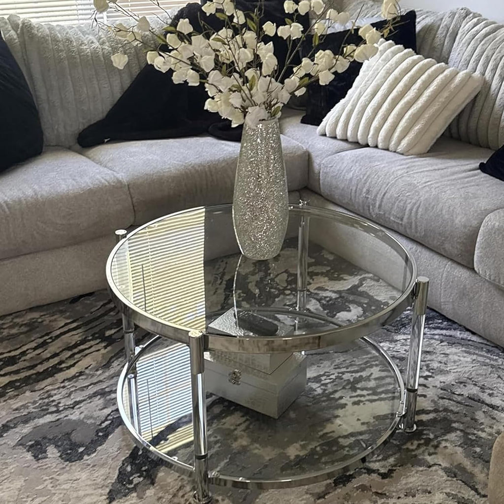 Tempered Glass Round Coffee Table, 28' Modern Acrylic Legs Circle Center Table for Living Room