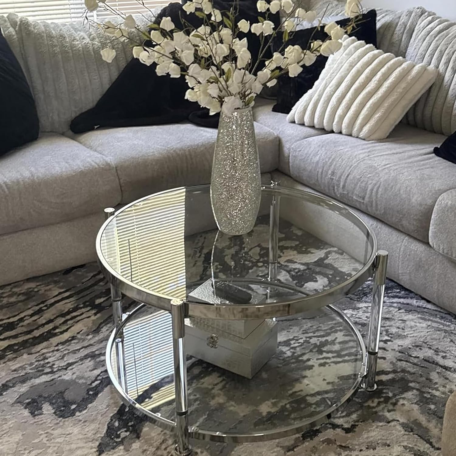 Tempered Glass Round Coffee Table, 28' Modern Acrylic Legs Circle Center Table for Living Room