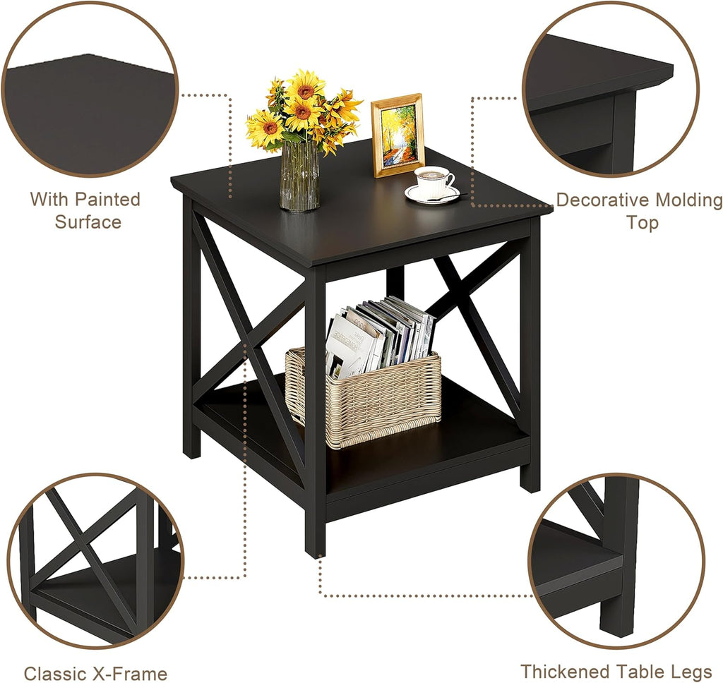 ChooChoo End Tables Set of 2, 24 Inch End Table with 2-Tier Storage Shelf, Side Table for Living Room, Wood Nightstand for Bedroom, Office, Painted Surface, Black