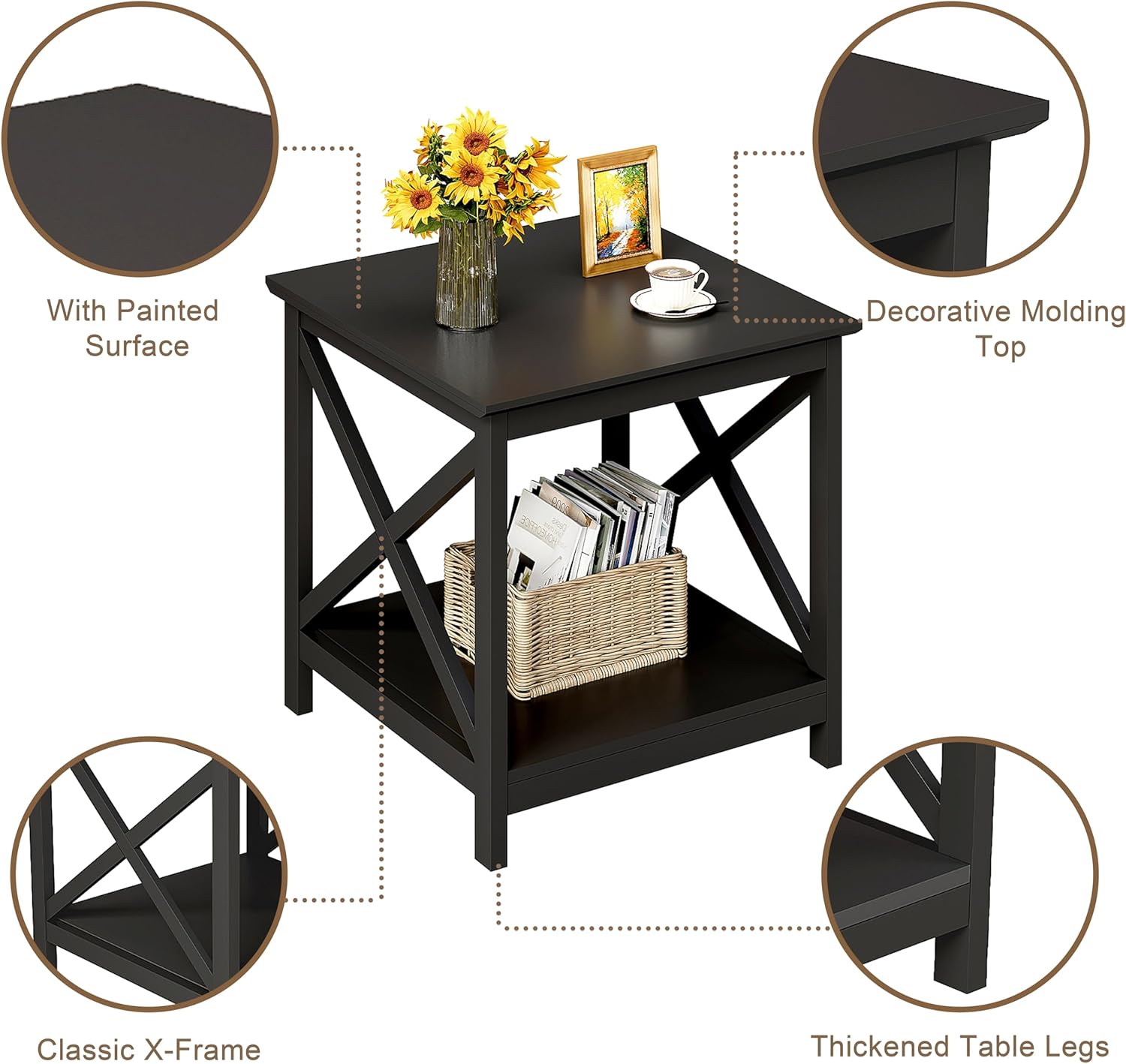 ChooChoo End Tables Set of 2, 24 Inch End Table with 2-Tier Storage Shelf, Side Table for Living Room, Wood Nightstand for Bedroom, Office, Painted Surface, Black
