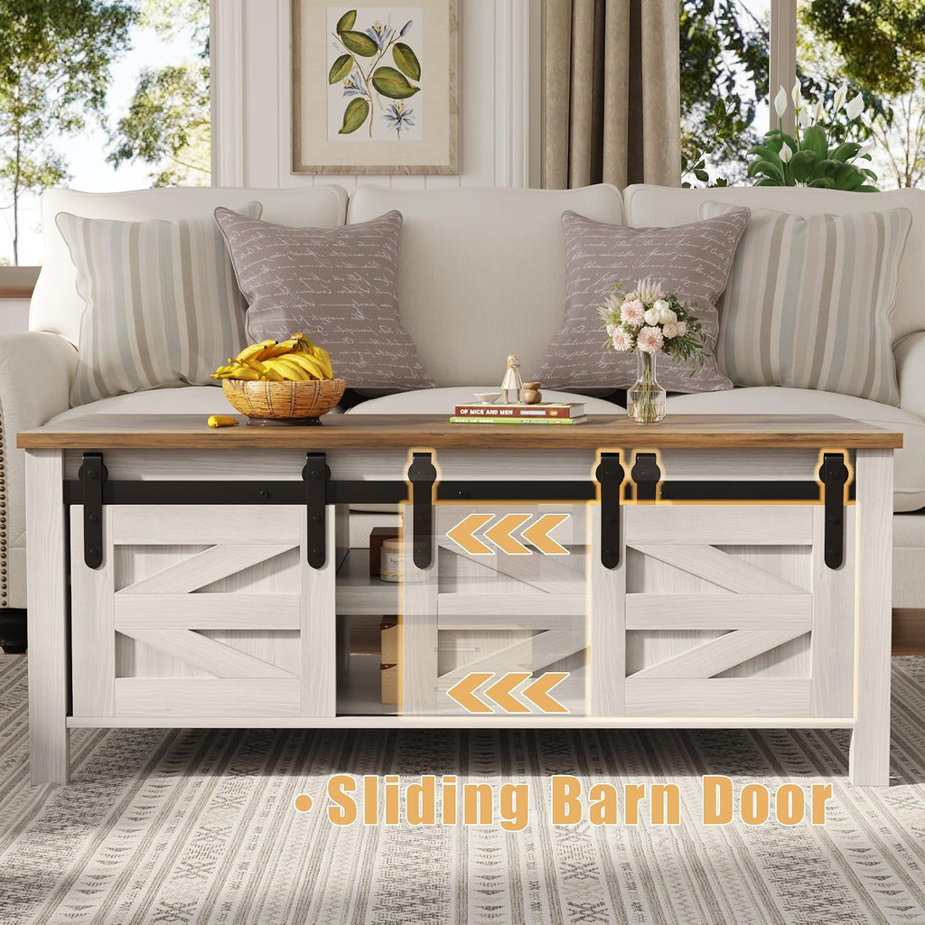 Furmax Coffee Table with Storage and Sliding Barn Doors, Farmhouse Living Room Table with Adjustable Shelves, Wood Rustic Center Table for Home Living Meeting Room (Antique White)