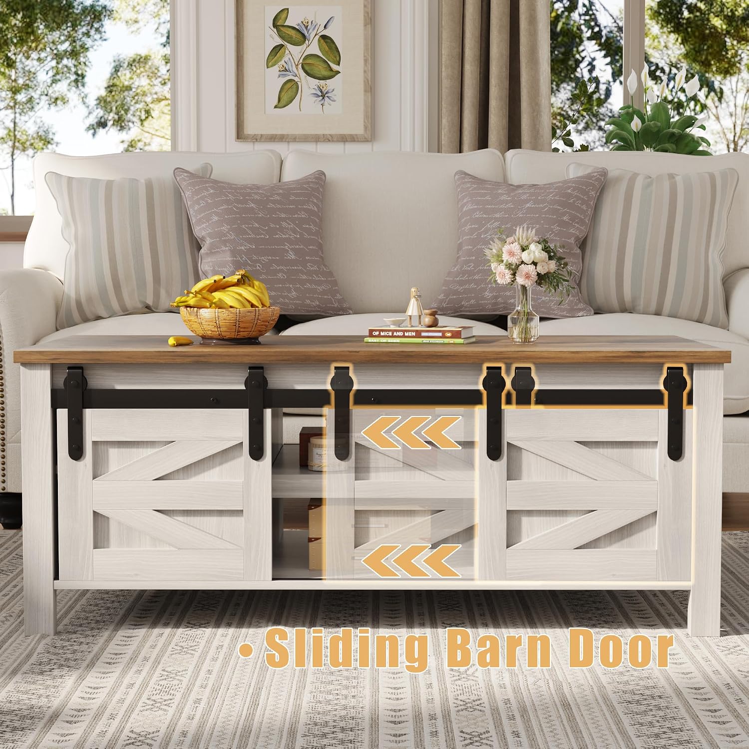 Furmax Coffee Table with Storage and Sliding Barn Doors, Farmhouse Living Room Table with Adjustable Shelves, Wood Rustic Center Table for Home Living Meeting Room (Antique White)