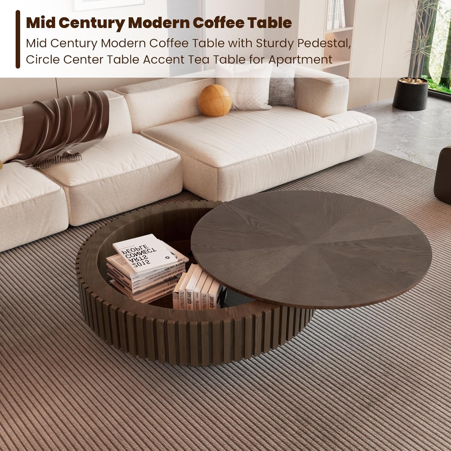 Round Drum Coffee Table with Storage for Living Room, Mid Century Modern Coffee Table with Sturdy Pedestal, Farmhouse Fluted Circle Center Table Accent Tea Table (31.5' Brown with Storage)