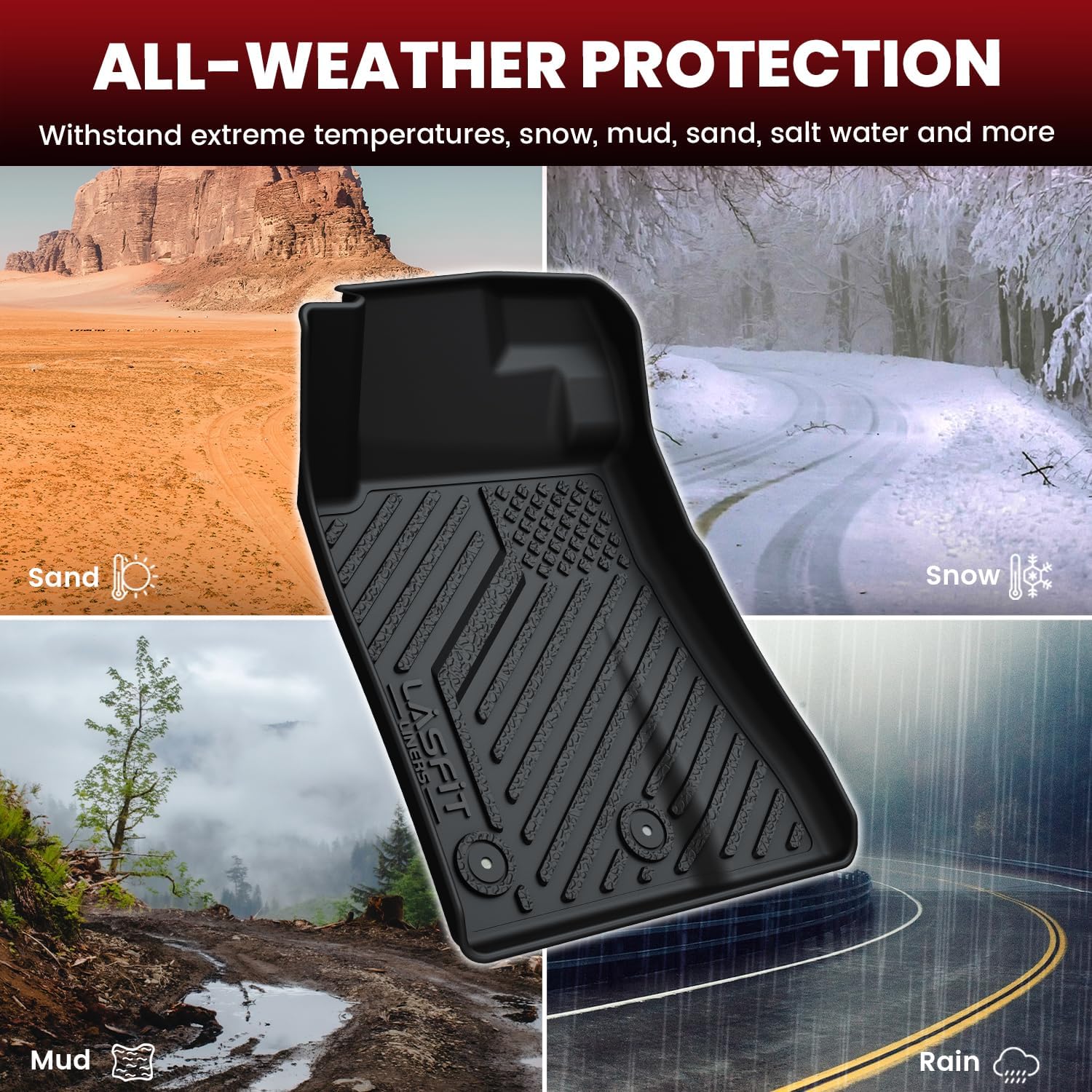 LASFIT Floor Mats for Ford Mustang 2015-2025 2026 All Weather Protector TPE Car Floor Liners, 1st & 2nd Row, 4pcs Black