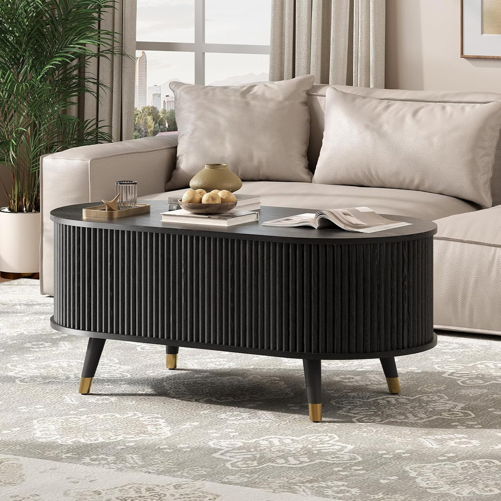 Oval Lift Top Coffee Table with Storage, 42.5' Fluted Coffee Table with Lifting Top & Solid Wood Legs, Mid Century Modern Center Table for Living Room, Home Office, Black