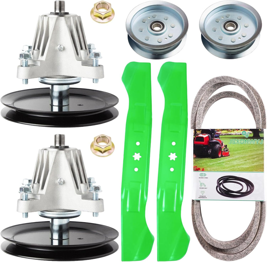 46 Inch Mower Deck Rebuild Kit - Fits Cub Ca det XT1-LT46 XT2-LX46 Craftsman T225 T240 T2800 T3100 T8600, 2 Spindles(918-06977A) + 2 Blades(942-04244A) + 1 Belt(954-05022A) + 2 Idlers(756-05034A)