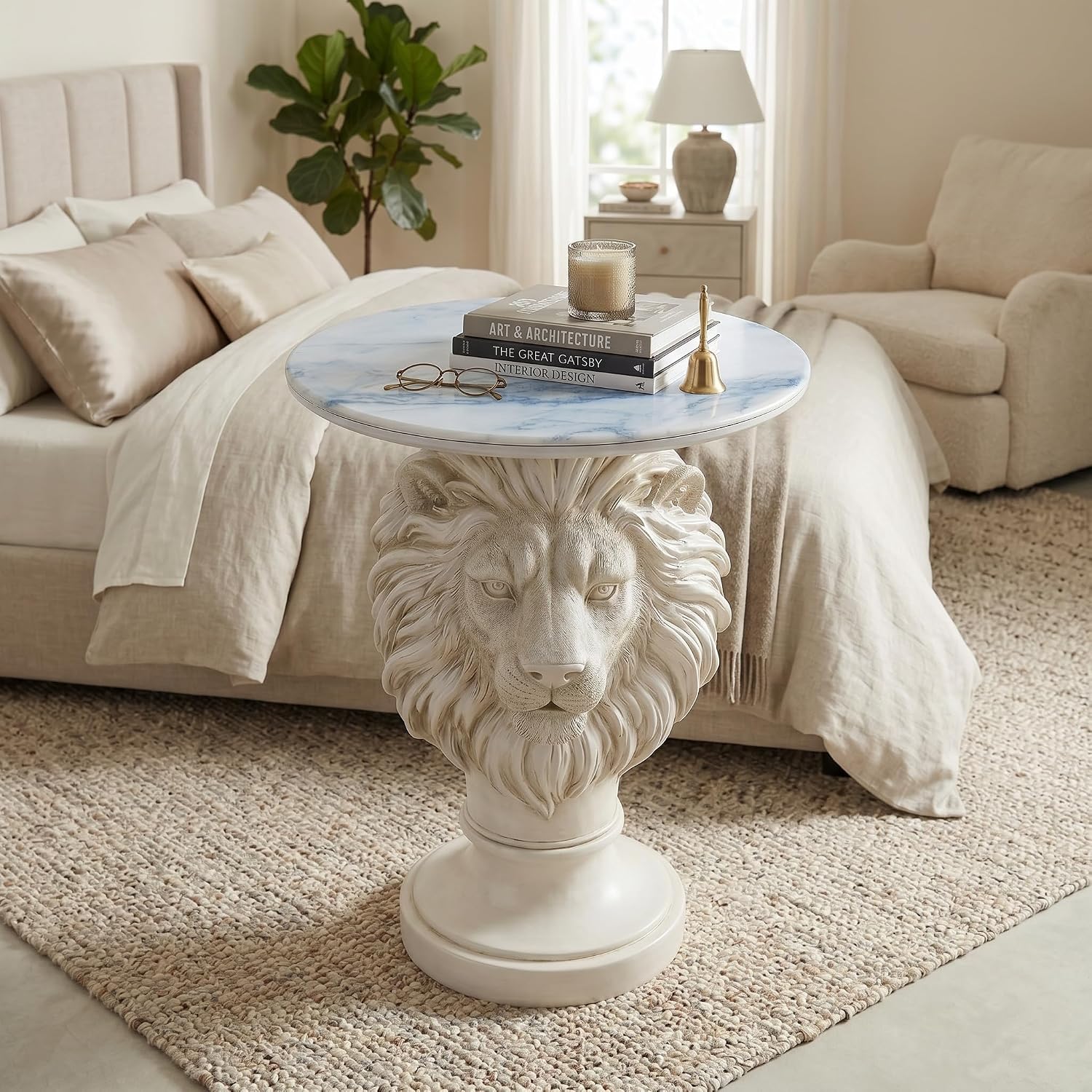 White Lion Head Sculptural Side Table with Faux Marble Top, 19.68' Round Resin Animal End Table, 25.59' H Majestic Accent Table for Living Room & Entryway, Regal Housewarming Gift