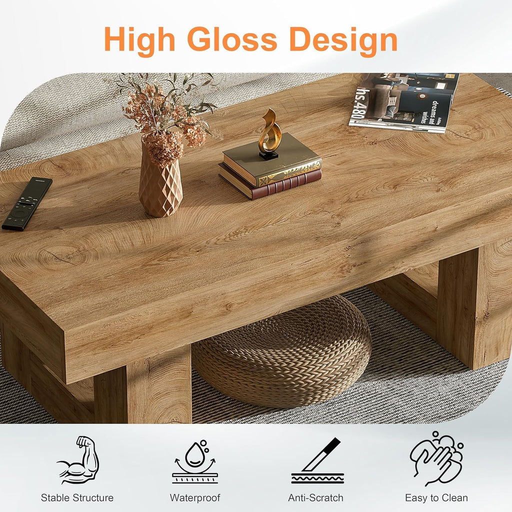 Rectangular Coffee Table, Heavy Duty Center Tables with Annual Ring Pattern, Farmhouse 42 Inch Wooden Coffee Table w Thick U-Shaped Base, Rectangle Side Tables for Living Room, Honey Brown