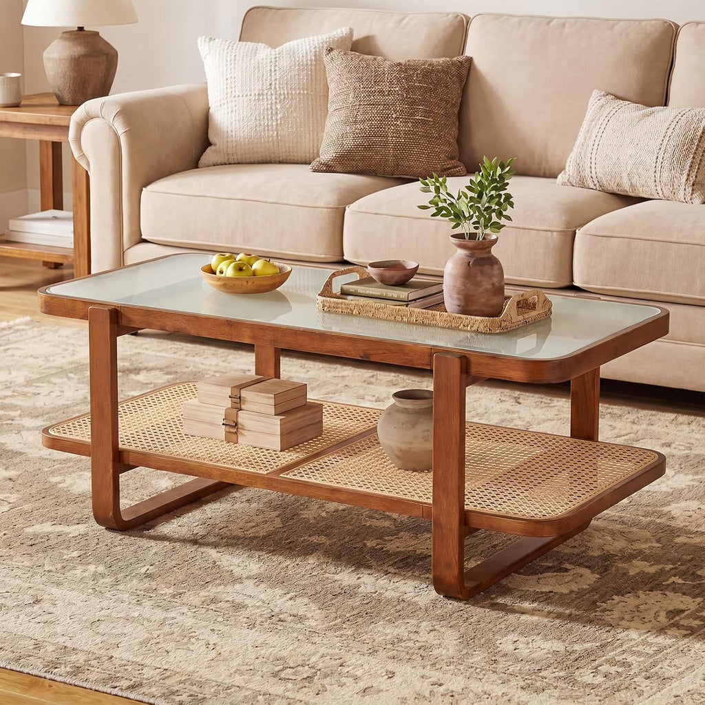 Giantex Rattan Coffee Table, 41.5' Farmhouse Center Table with Storage & Frosted Tempered Glass, Wood Boho Accent Cocktail Tea Table, Modern Living Room Table for Small Spaces, Walnut