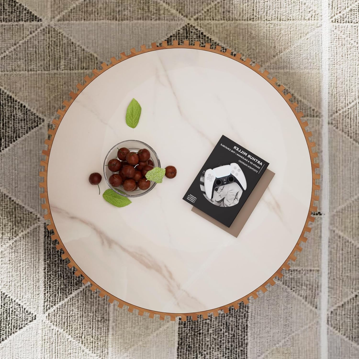Fluted Round Coffee Table, 31.5' Drum Coffee Table with Sintered Stone Tabletop, Modern Wood Circle Center Table for Living Room Apartment, Easy Assembly (31.5' Sintered Stone Tabletop)