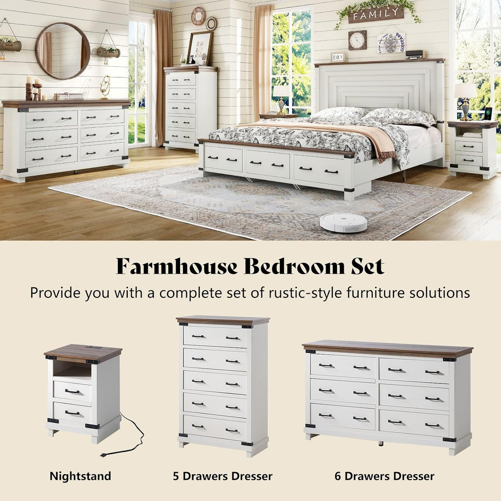 AMERLIFE Farmhouse End Table with Charging Station, 18' Wood Rustic Night Stand with 2 Storage Drawers, Heavy Duty Bedside Sofa Side End Tables for Bedroom, Living Room, Antique White